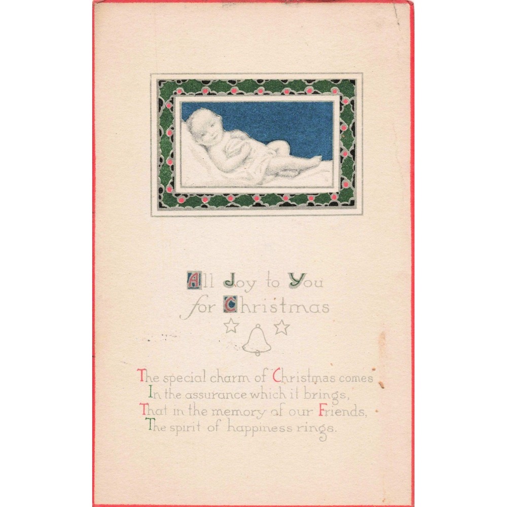 Vintage 1920 Christmas Postcard Sleeping Baby Attica Ohio 1 Cent Stamp VG - Picture 1 of 2